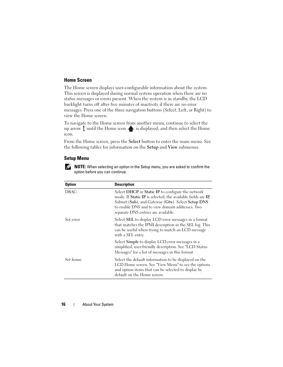 Home screen, Setup menu | Dell POWEREDGE R710 User Manual | Page 16 / 208
