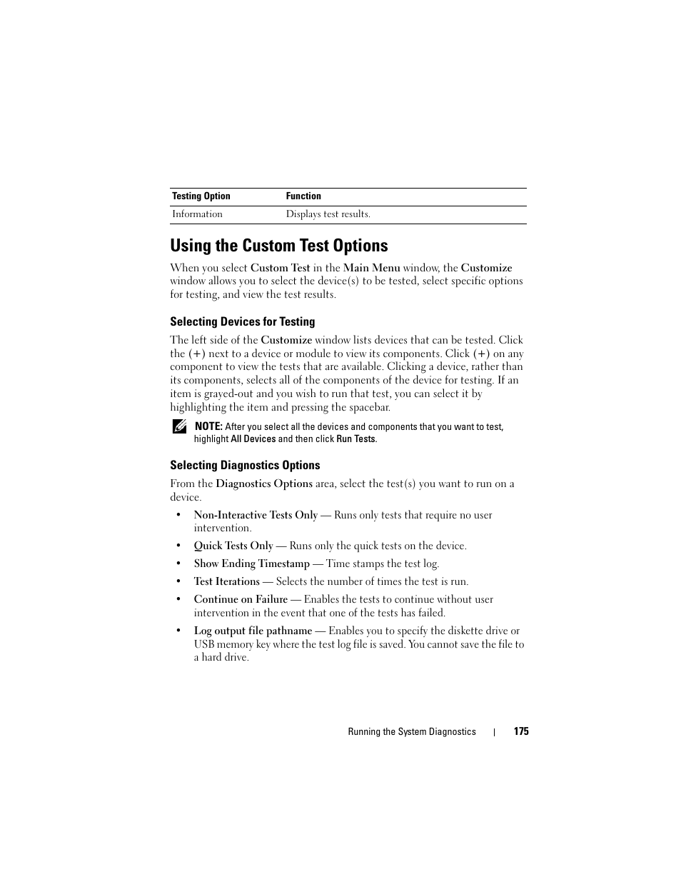 Using the custom test options, Selecting devices for testing, Selecting diagnostics options | Dell POWEREDGE R710 User Manual | Page 175 / 208