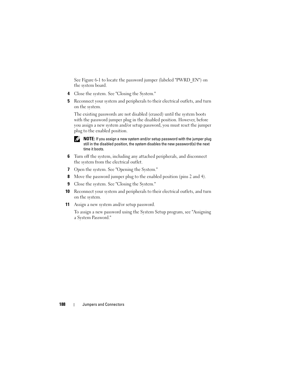 4 close the system. see "closing the system, 7 open the system. see "opening the system, 9 close the system. see "closing the system | 11 assign a new system and/or setup password | Dell POWEREDGE R710 User Manual | Page 188 / 208