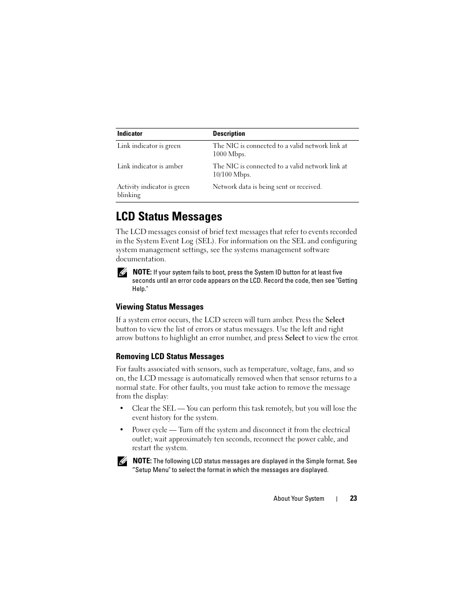 Lcd status messages, Viewing status messages, Removing lcd status messages | Dell POWEREDGE R710 User Manual | Page 23 / 208
