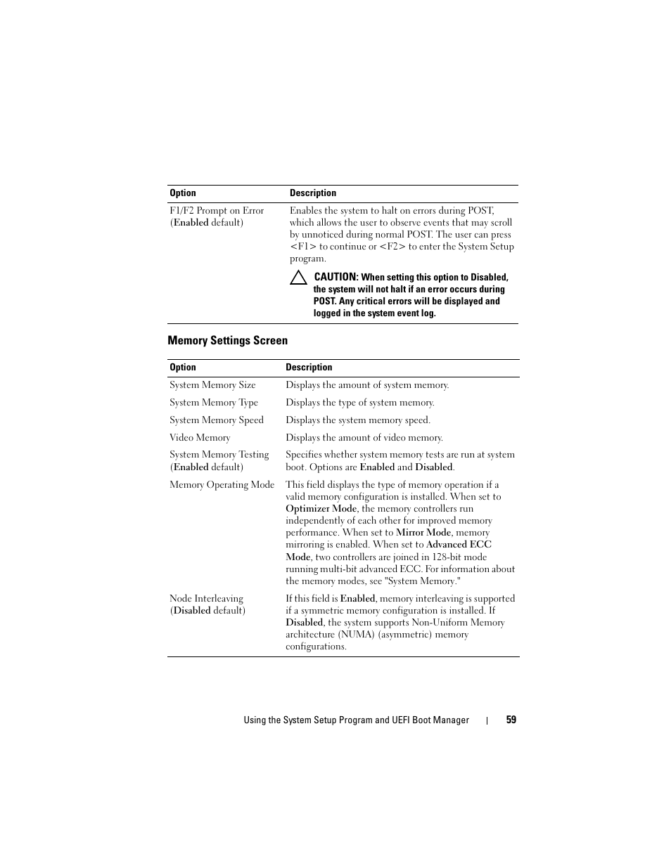 Memory settings screen | Dell POWEREDGE R710 User Manual | Page 59 / 208