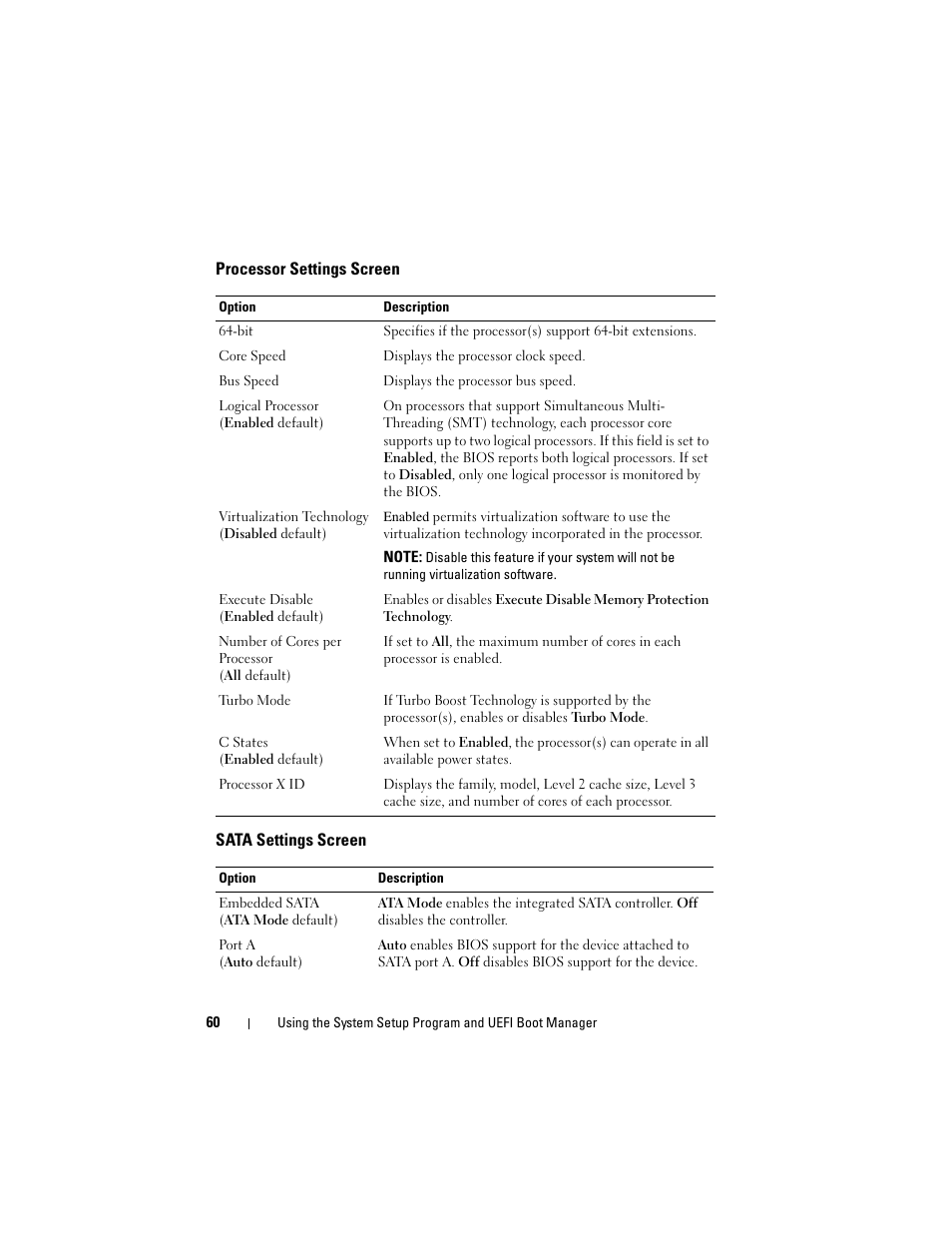 Processor settings screen, Sata settings screen, Controller and ports. see "sata settings screen | Dell POWEREDGE R710 User Manual | Page 60 / 208