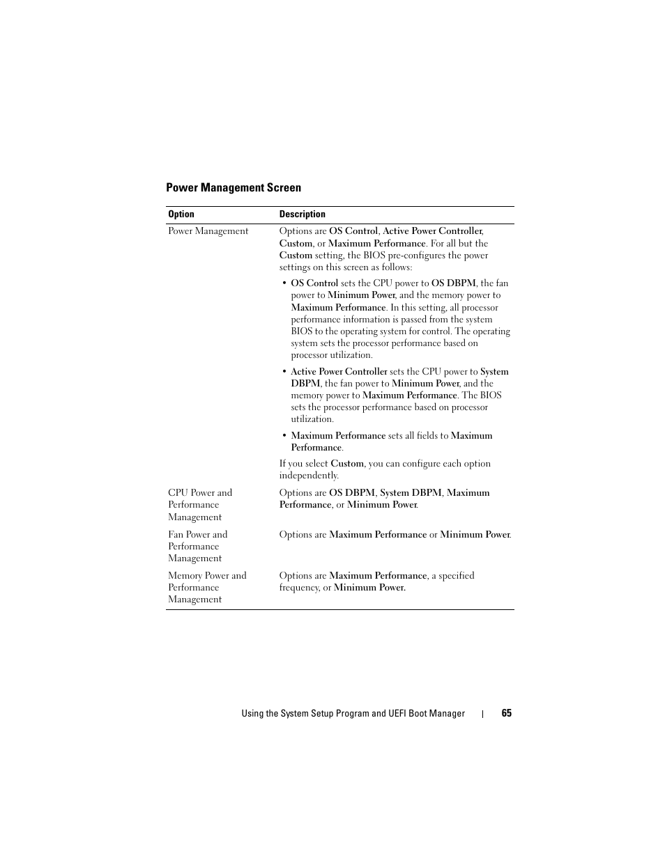 Power management screen, Customized settings. see "power management screen | Dell POWEREDGE R710 User Manual | Page 65 / 208