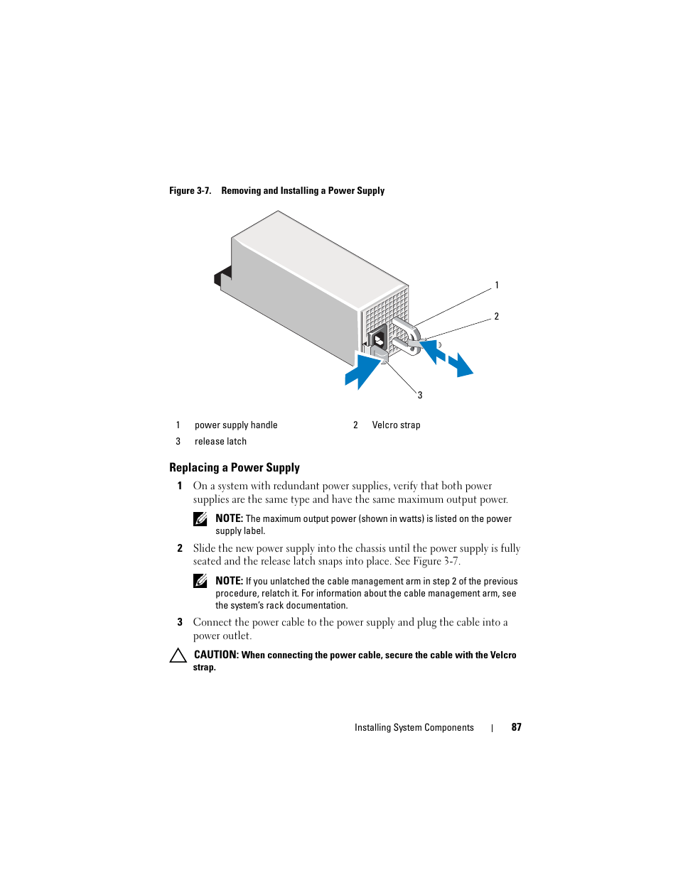 Figure 3-7. removing and installing a power supply, Replacing a power supply | Dell POWEREDGE R710 User Manual | Page 87 / 208