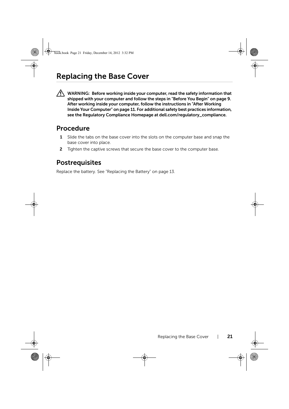 Replacing the base cover, Procedure, Postrequisites | Dell Inspiron 17 (3721, Early 2013) User Manual | Page 21 / 76