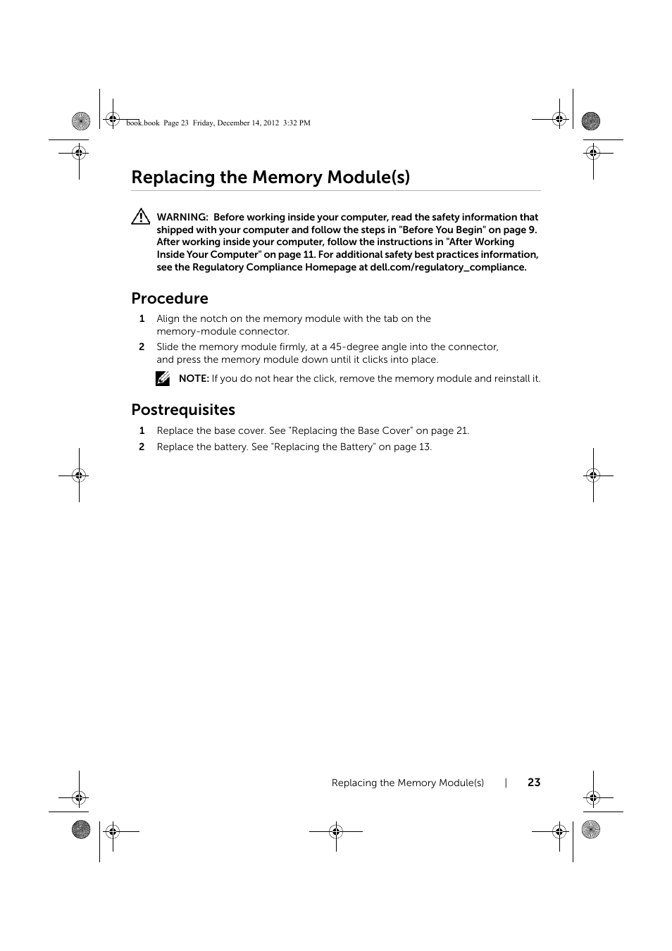 Replacing the memory module(s), Procedure, Postrequisites | Dell Inspiron 17 (3721, Early 2013) User Manual | Page 23 / 76