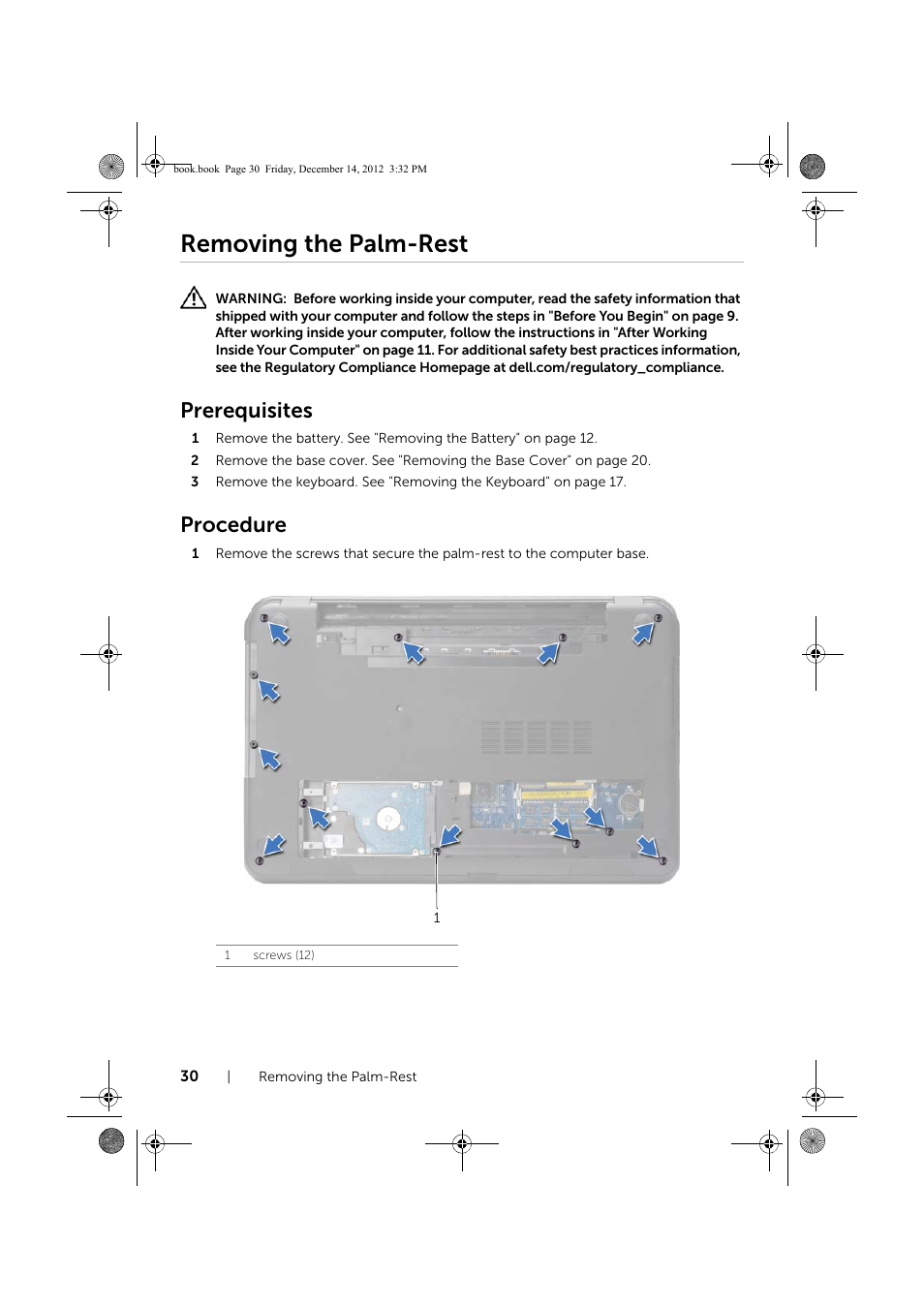 Removing the palm-rest, Prerequisites, Procedure | Dell Inspiron 17 (3721, Early 2013) User Manual | Page 30 / 76