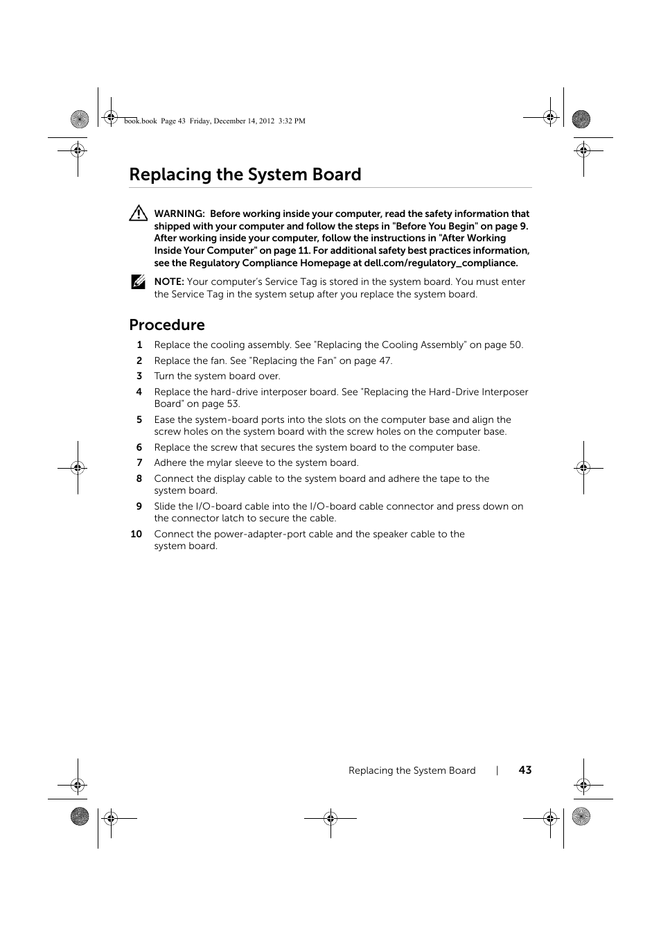 Replacing the system board, Procedure | Dell Inspiron 17 (3721, Early 2013) User Manual | Page 43 / 76