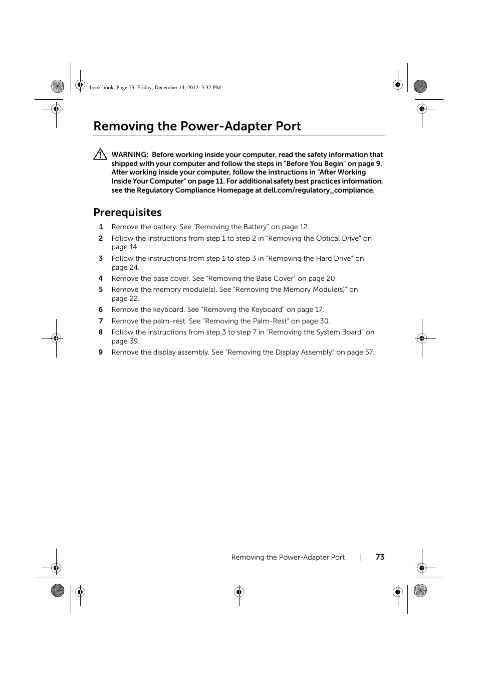 Removing the power-adapter port, Prerequisites | Dell Inspiron 17 (3721, Early 2013) User Manual | Page 73 / 76