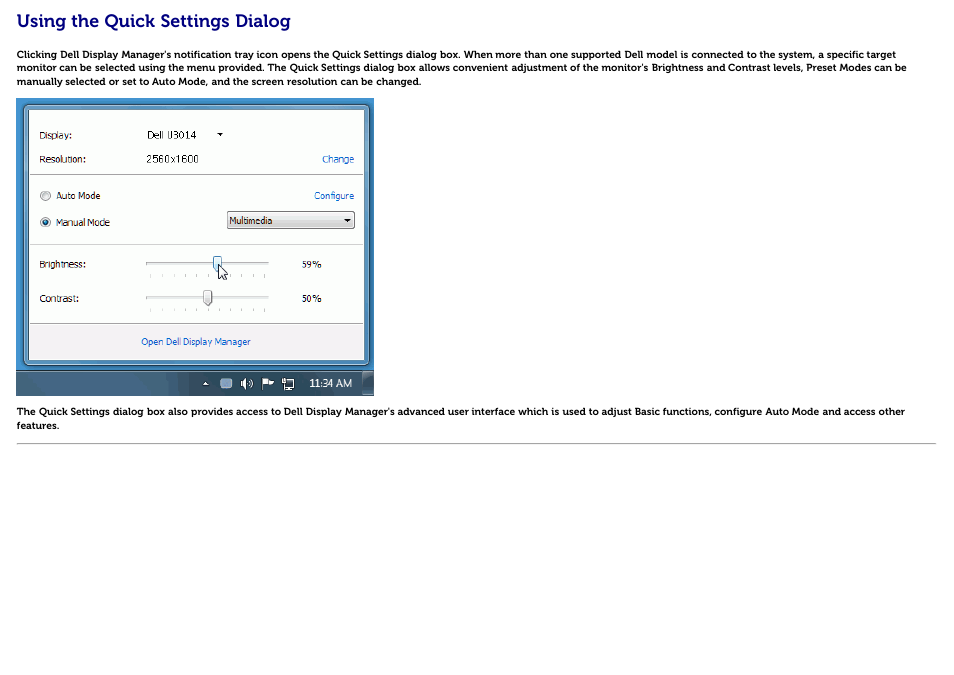 Using the quick settings dialog | Dell U3014 Monitor User Manual | Page 2 / 11