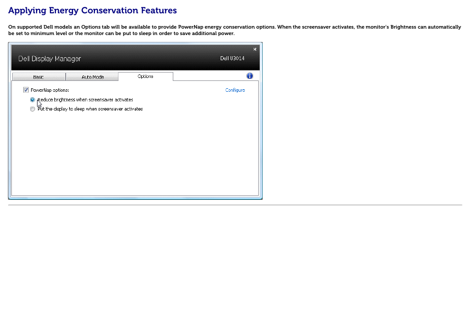 Applying energy conservation features | Dell U3014 Monitor User Manual | Page 5 / 11