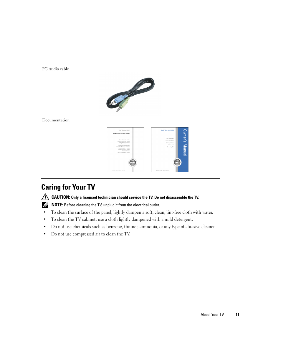 Caring for your tv | Dell LCD TV W2600 User Manual | Page 12 / 53