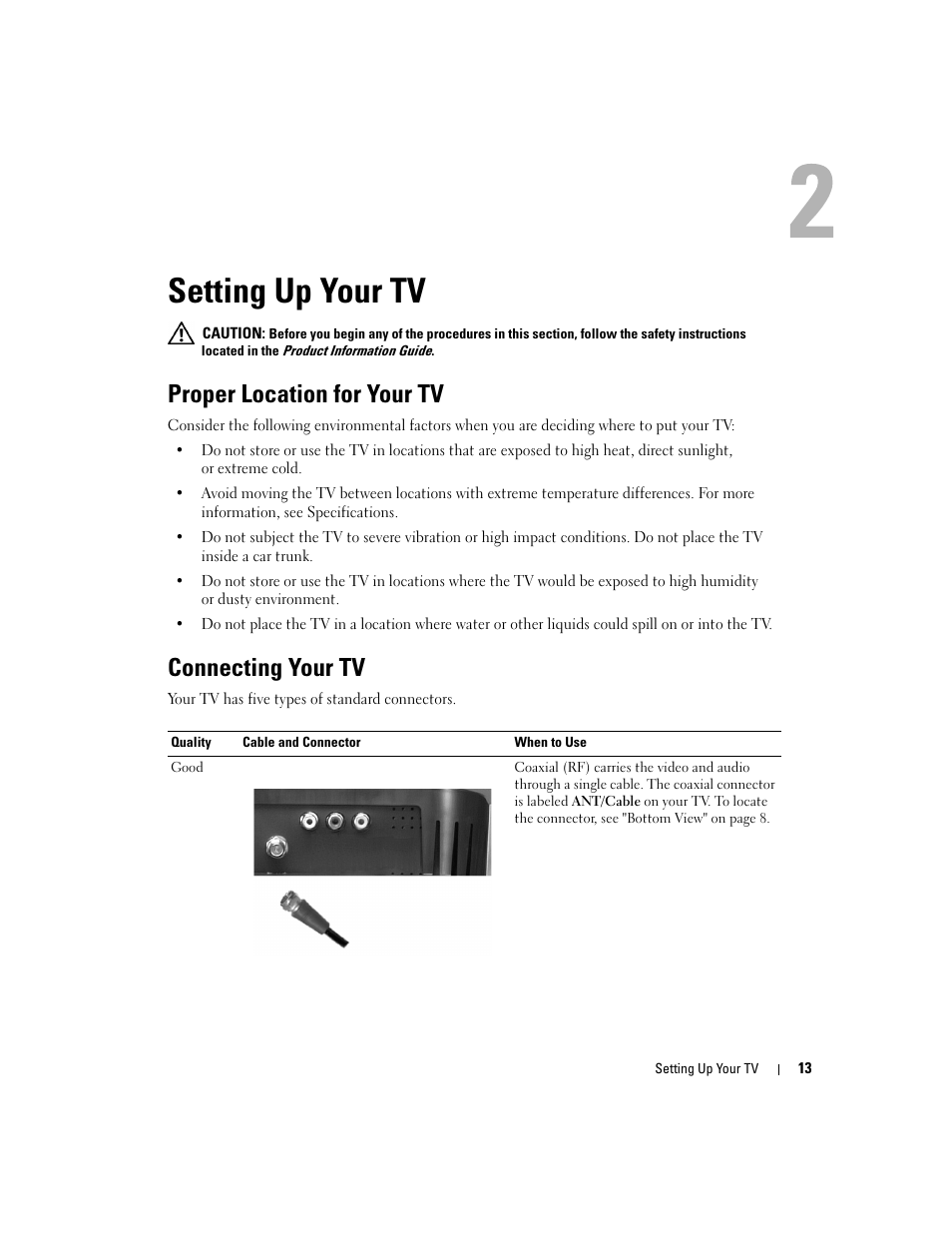 Setting up your tv, Proper location for your tv, Connecting your tv | Dell LCD TV W2600 User Manual | Page 14 / 53