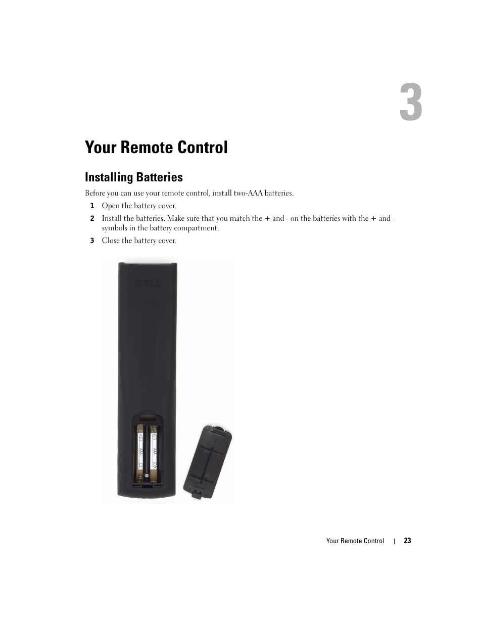 Your remote control, Installing batteries | Dell LCD TV W2600 User Manual | Page 24 / 53