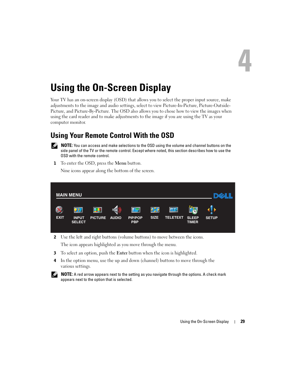 Using the on-screen display, Using your remote control with the osd | Dell LCD TV W2600 User Manual | Page 30 / 53