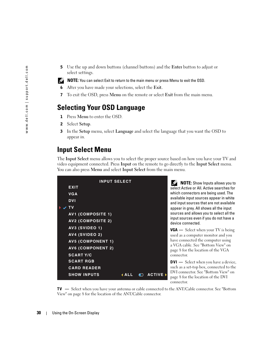 Selecting your osd language, Input select menu | Dell LCD TV W2600 User Manual | Page 31 / 53