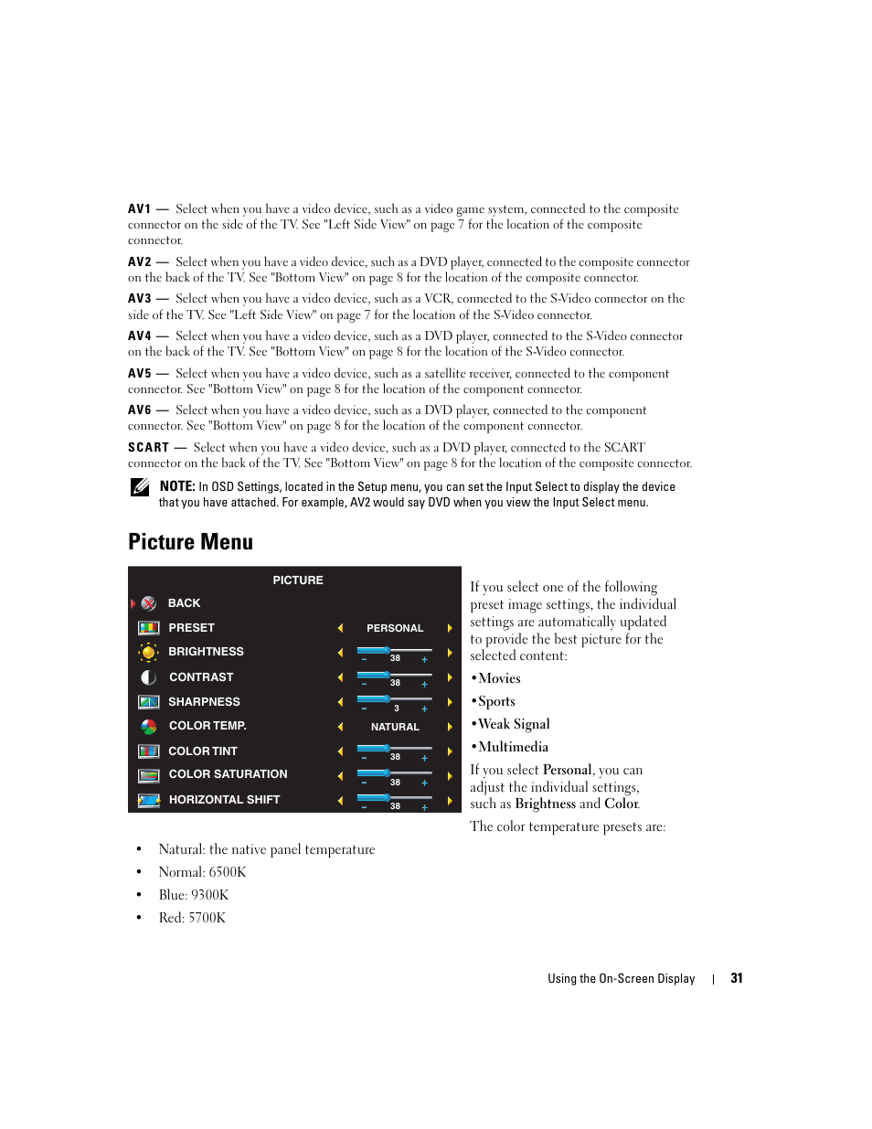 Picture menu | Dell LCD TV W2600 User Manual | Page 32 / 53