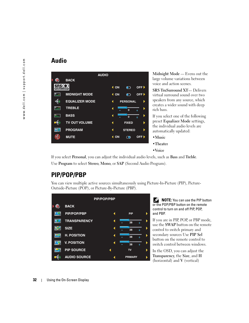 Audio, Pip/pop/pbp | Dell LCD TV W2600 User Manual | Page 33 / 53