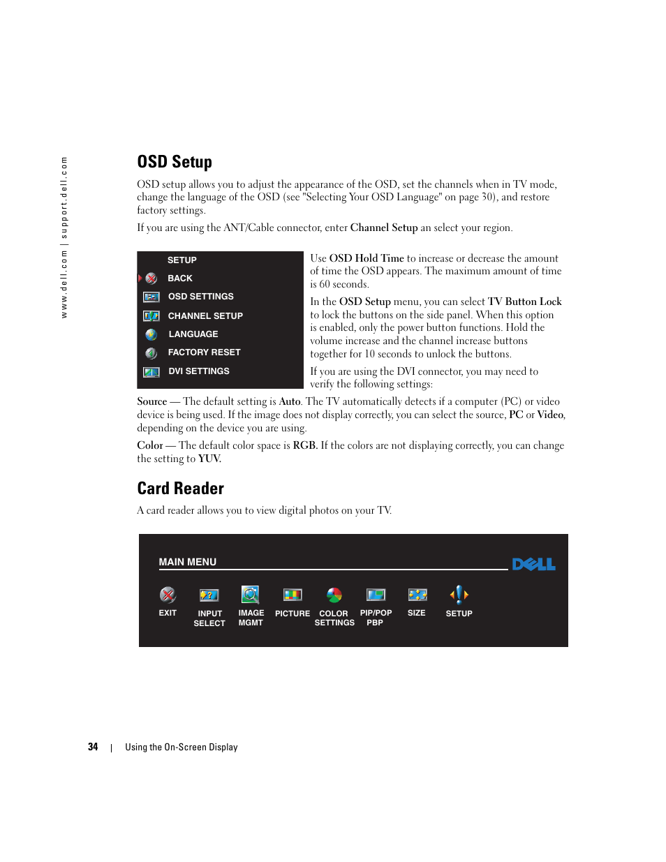 Osd setup, Card reader | Dell LCD TV W2600 User Manual | Page 35 / 53