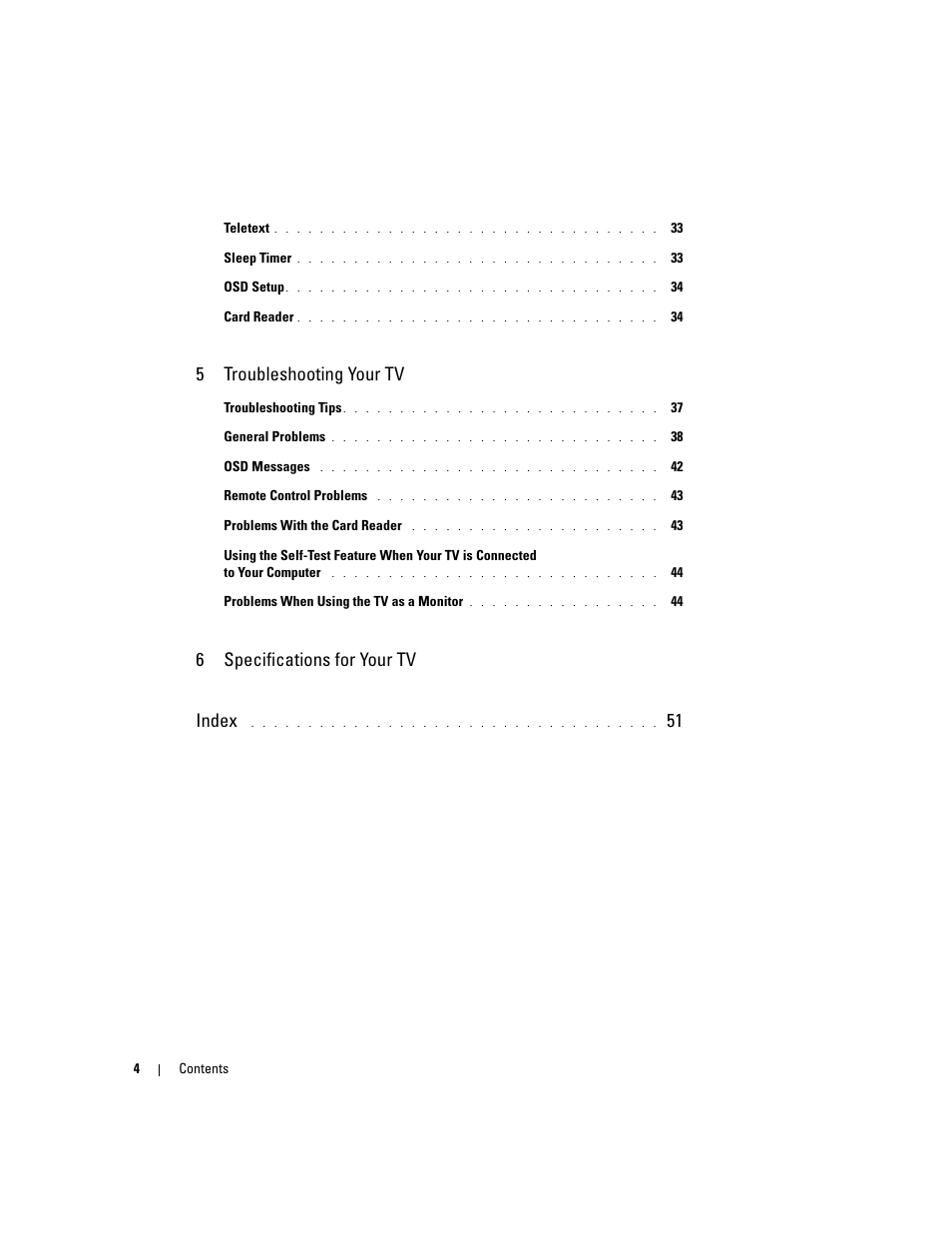 5troubleshooting your tv, 6specifications for your tv index | Dell LCD TV W2600 User Manual | Page 5 / 53