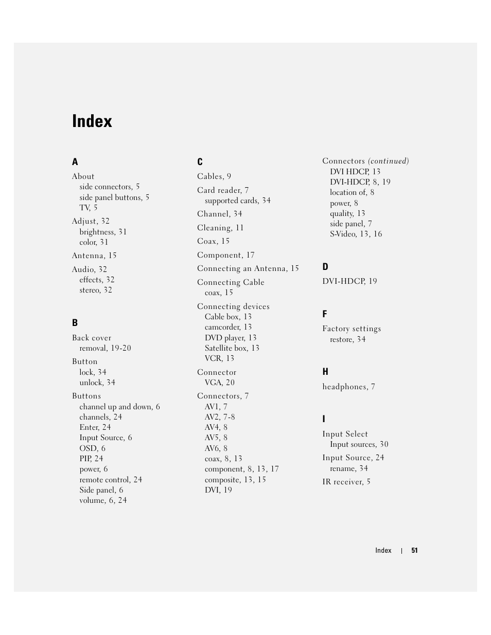 Index | Dell LCD TV W2600 User Manual | Page 52 / 53