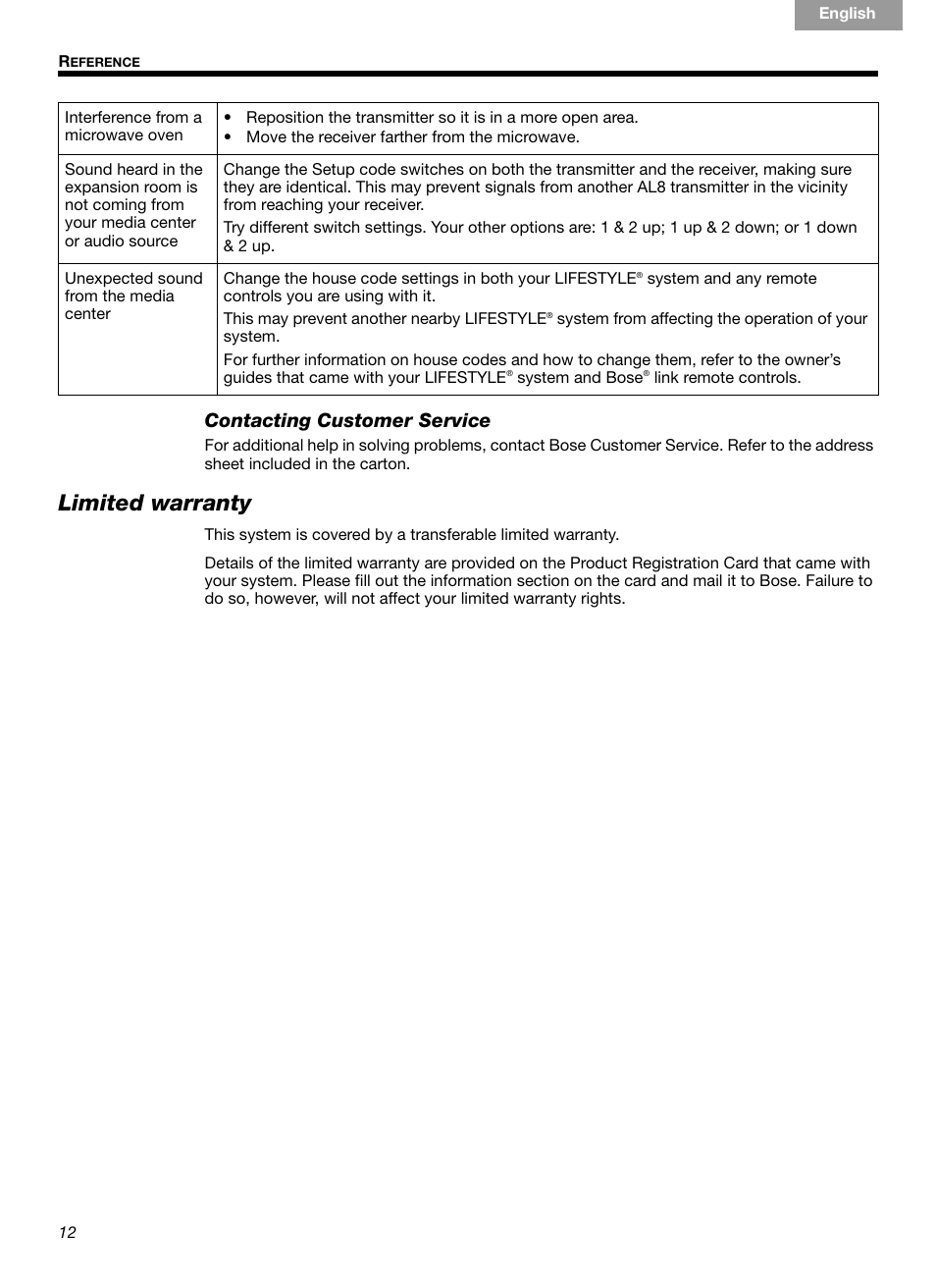 Limited warranty, Contacting customer service | Bose Homewide Wireless Audio Link Link AL8 User Manual | Page 12 / 14
