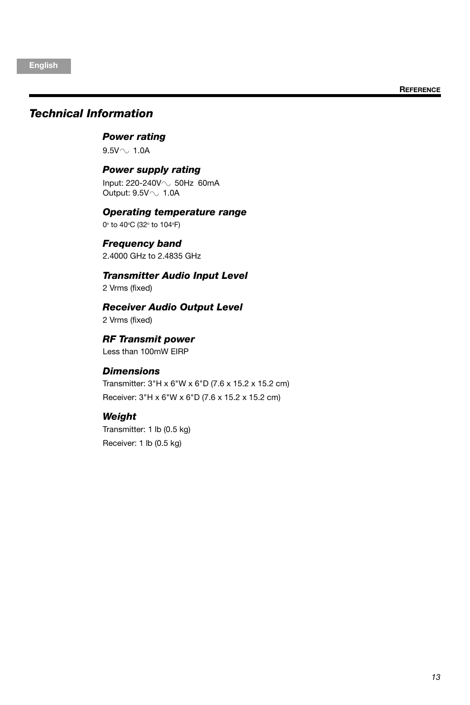 Technical information | Bose Homewide Wireless Audio Link Link AL8 User Manual | Page 13 / 14