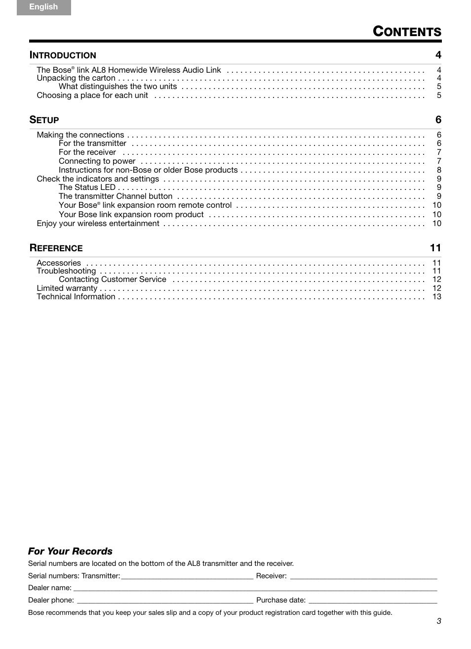 Ontents | Bose Homewide Wireless Audio Link Link AL8 User Manual | Page 3 / 14