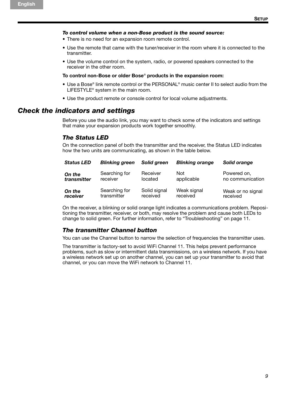 Check the indicators and settings | Bose Homewide Wireless Audio Link Link AL8 User Manual | Page 9 / 14