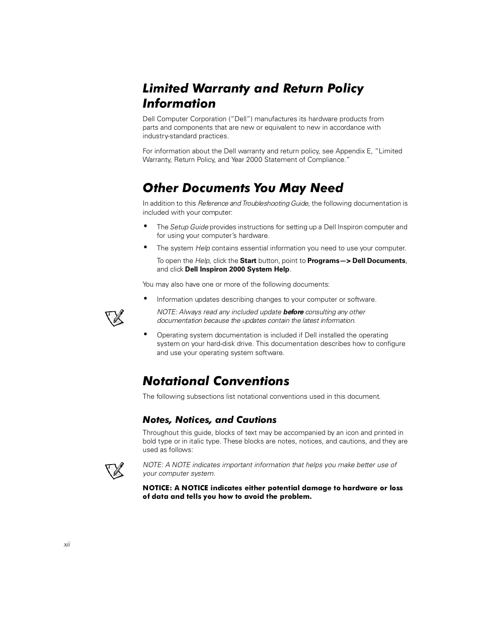 Limited warranty and return policy information, Other documents you may need, Notational conventions | Notes, notices, and cautions | Dell Inspiron 2000 User Manual | Page 10 / 132