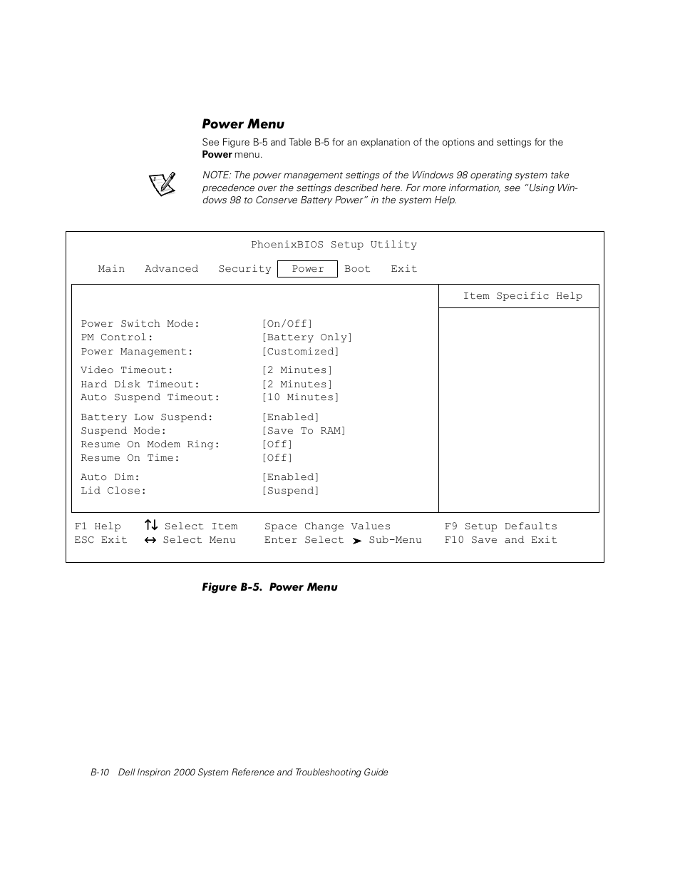 Power menu, Figure b-5 | Dell Inspiron 2000 User Manual | Page 100 / 132