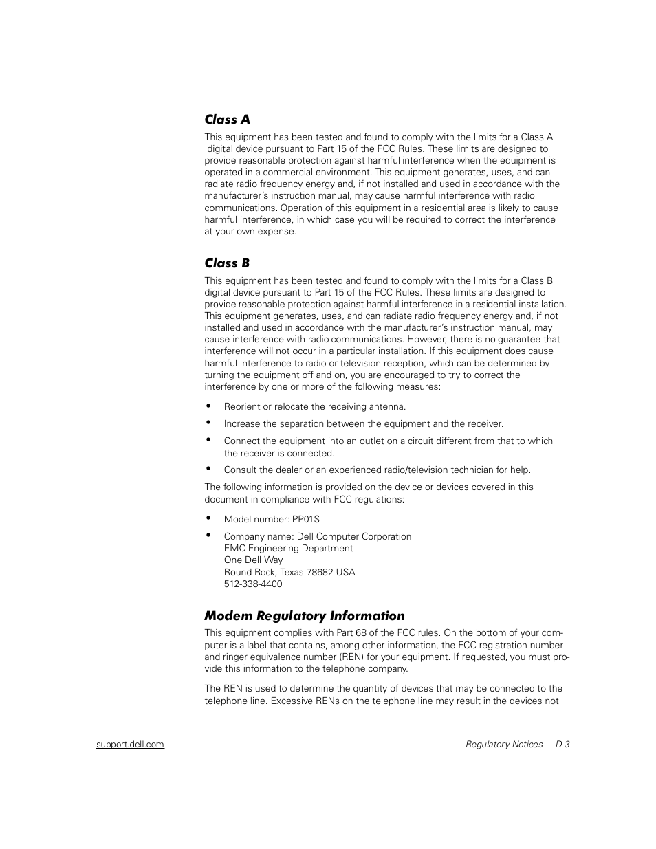 Class a, Class b, Modem regulatory information | Dell Inspiron 2000 User Manual | Page 113 / 132