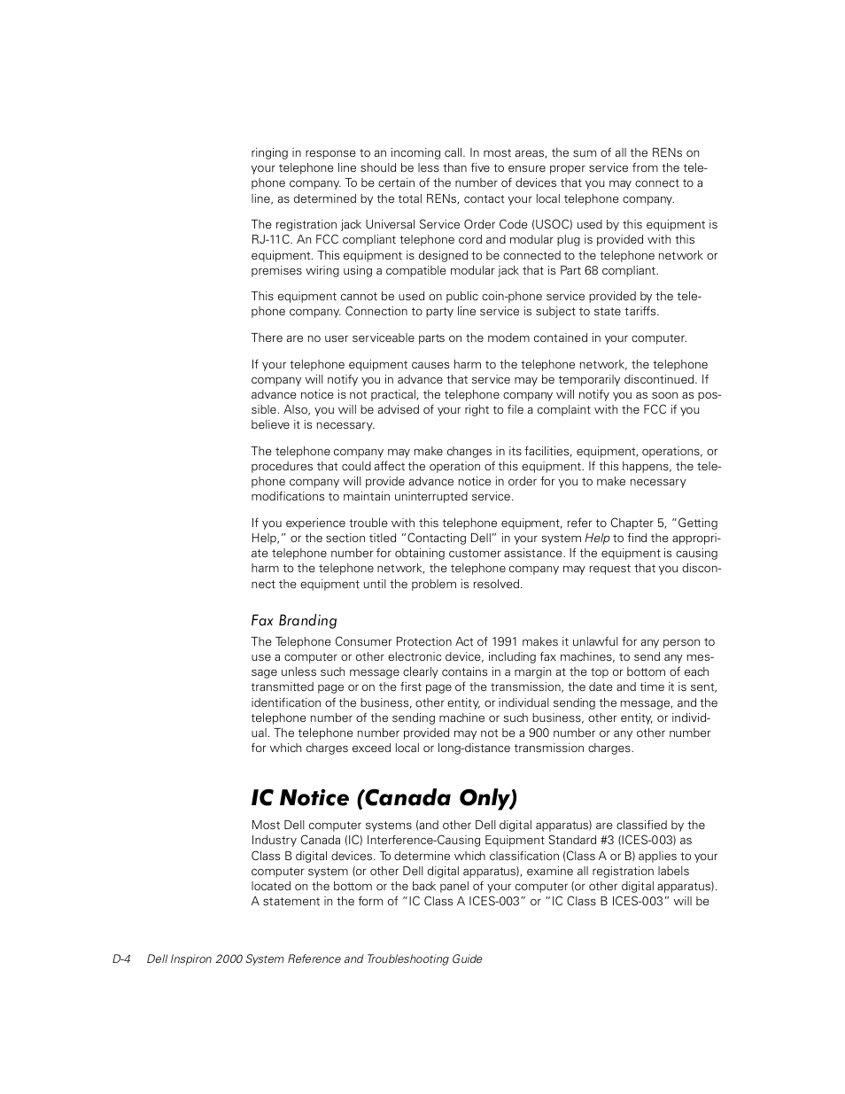 Fax branding, Ic notice (canada only) | Dell Inspiron 2000 User Manual | Page 114 / 132