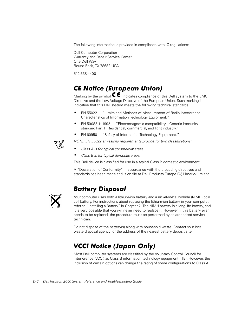 Ce notice (european union), Battery disposal, Vcci notice (japan only) | Dell Inspiron 2000 User Manual | Page 116 / 132