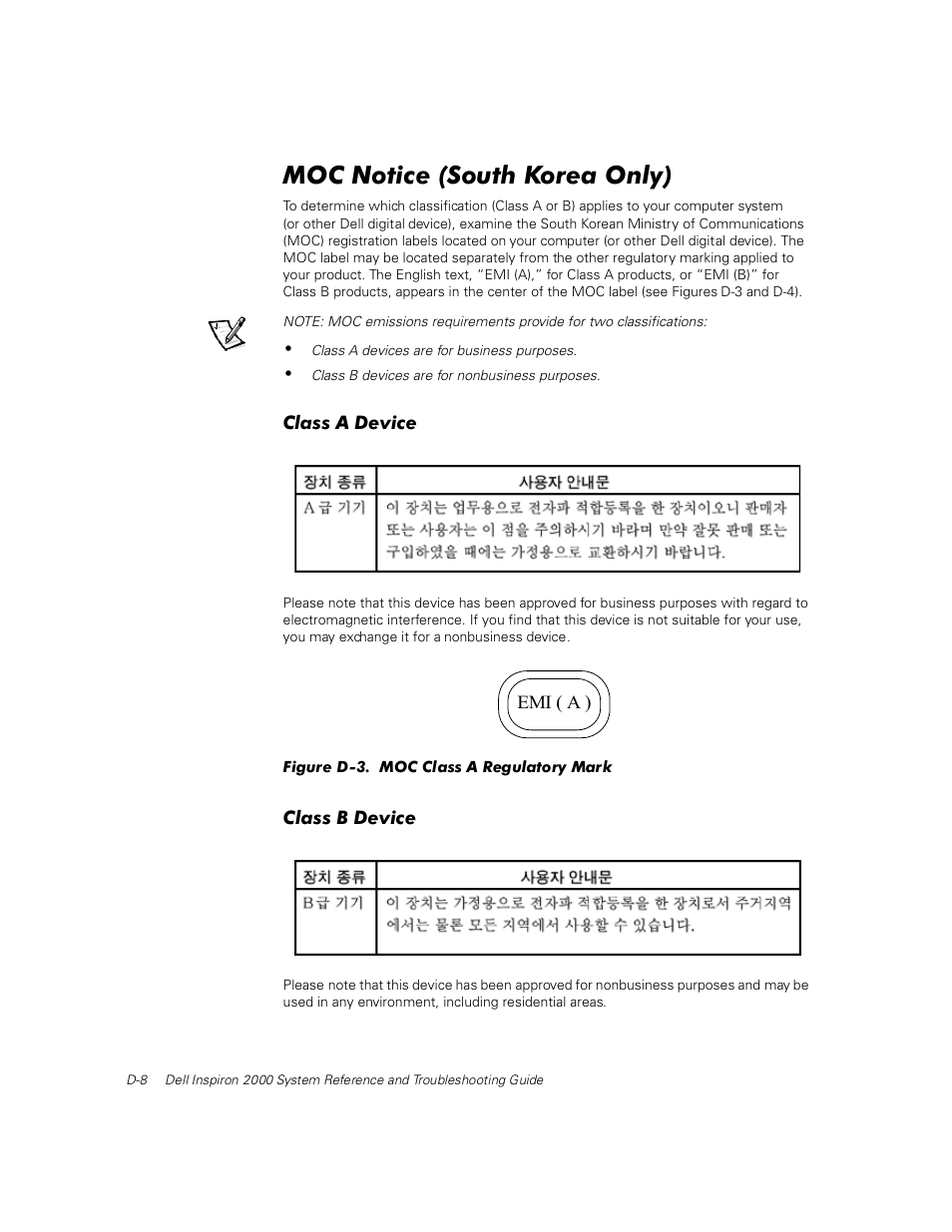 Moc notice (south korea only), Class a device, Class b device | Figure d-3 | Dell Inspiron 2000 User Manual | Page 118 / 132