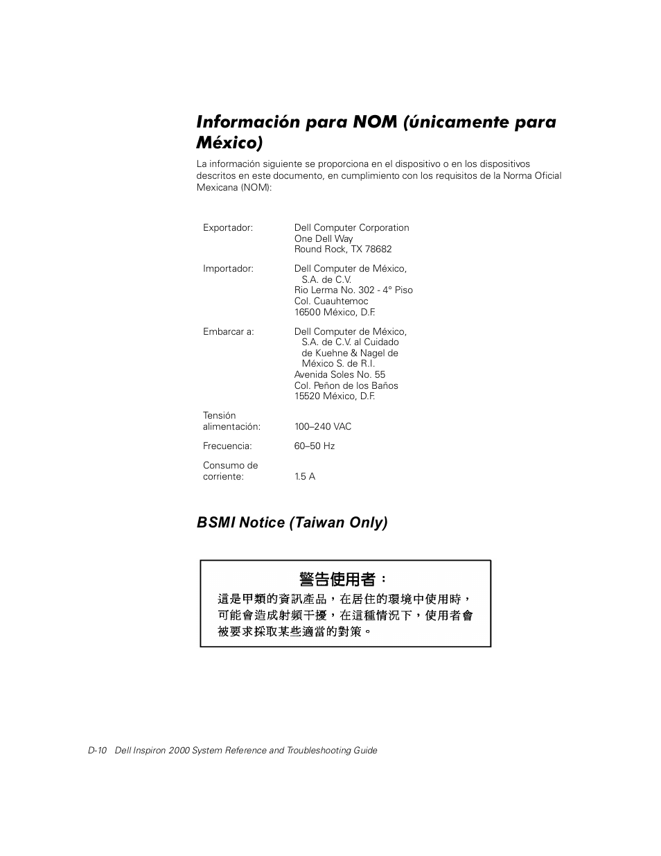 Información para nom (únicamente para méxico), Bsmi notice (taiwan only) | Dell Inspiron 2000 User Manual | Page 120 / 132