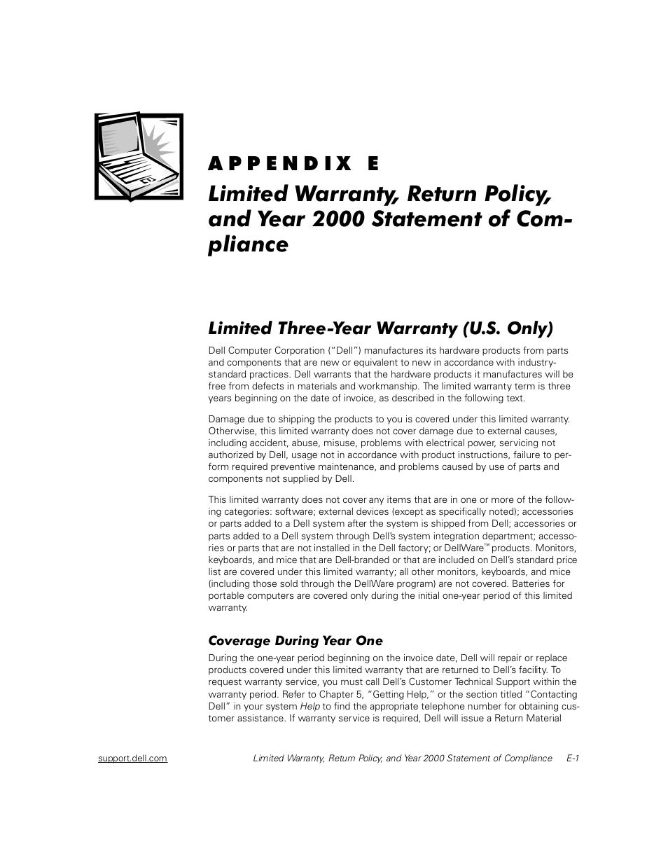 Limited three-year warranty (u.s. only), Coverage during year one | Dell Inspiron 2000 User Manual | Page 121 / 132