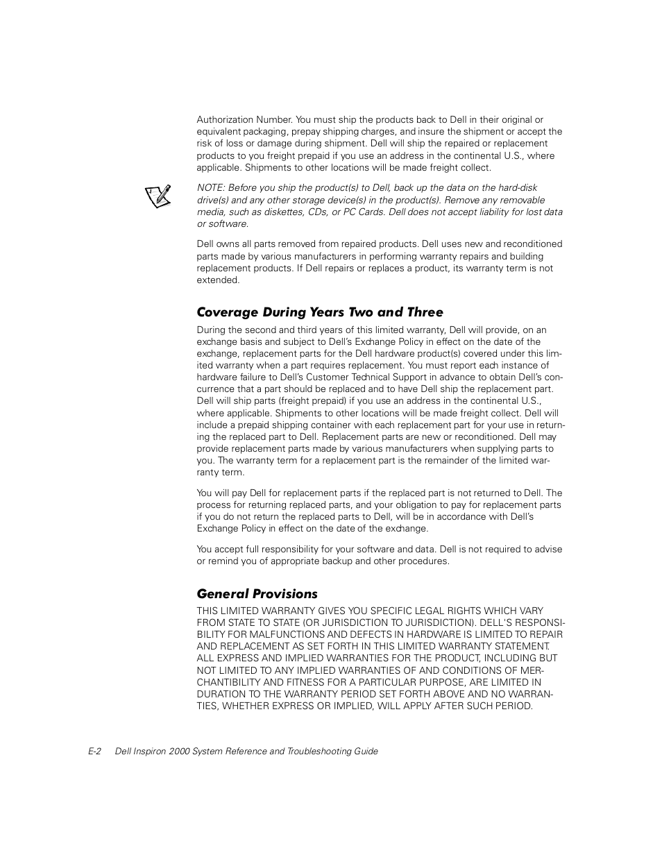 Coverage during years two and three, General provisions | Dell Inspiron 2000 User Manual | Page 122 / 132
