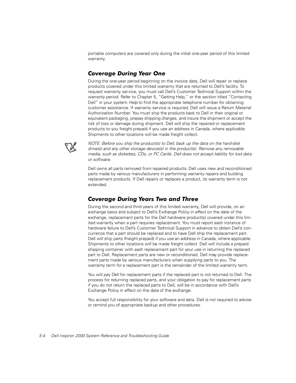 Coverage during year one, Coverage during years two and three | Dell Inspiron 2000 User Manual | Page 124 / 132