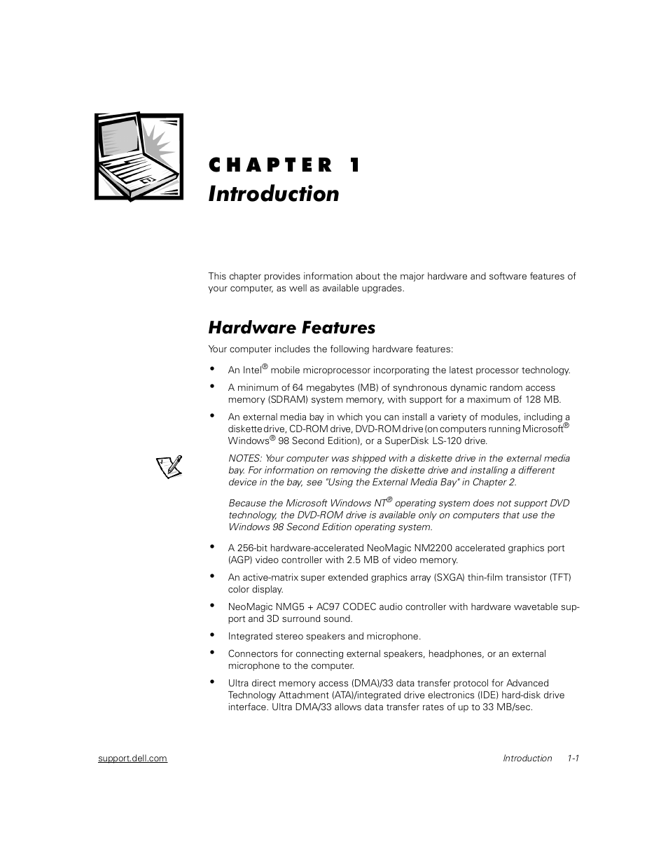 Introduction, Hardware features, Hardware features -1 | Dell Inspiron 2000 User Manual | Page 19 / 132
