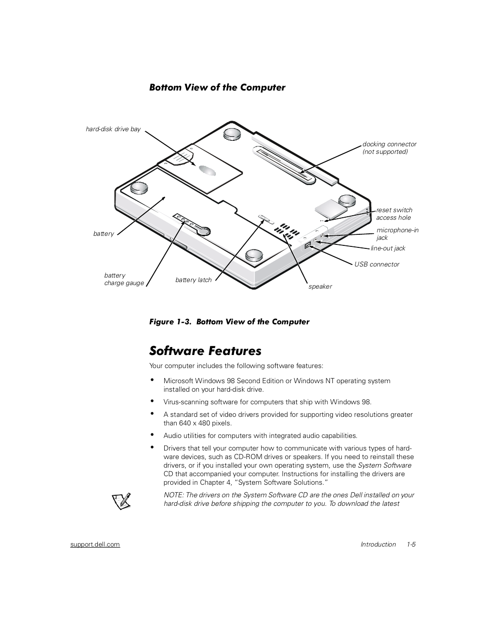 Bottom view of the computer, Software features, Bottom view of the computer -5 | Software features -5, Figure 1-3 | Dell Inspiron 2000 User Manual | Page 23 / 132