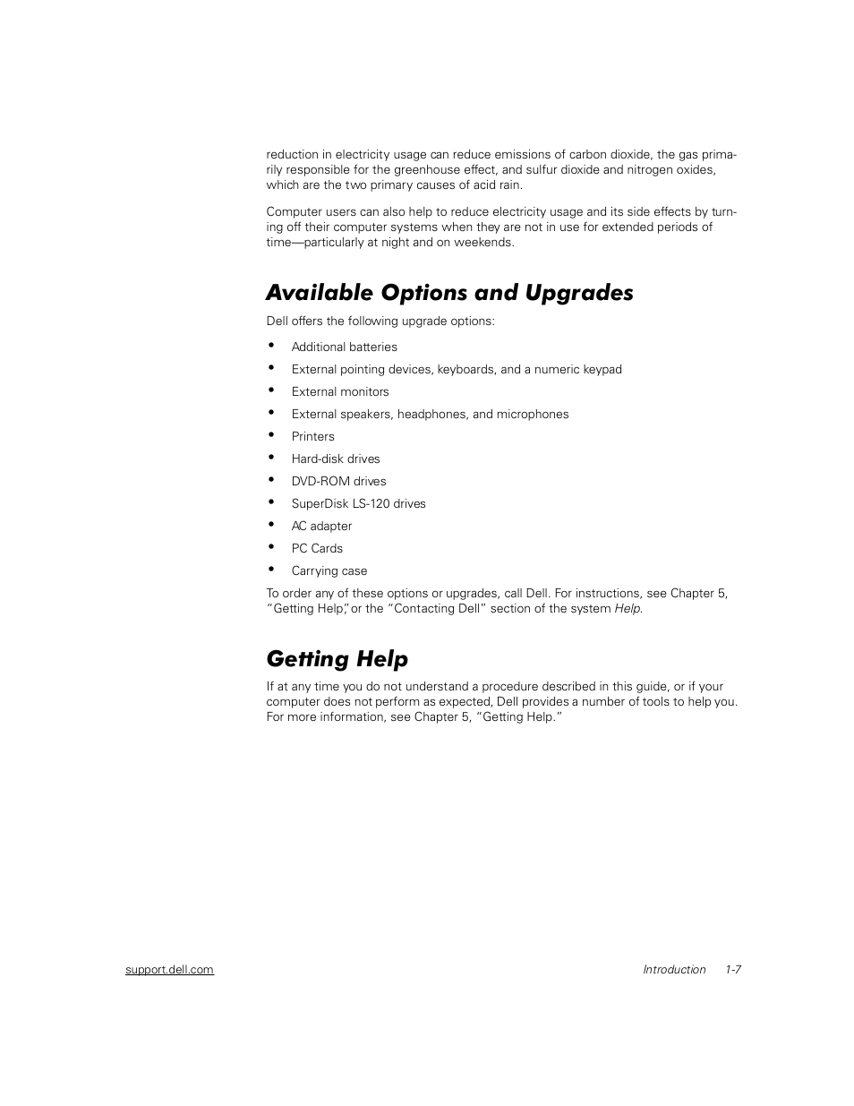 Available options and upgrades, Getting help, Available options and upgrades -7 | Getting help -7 | Dell Inspiron 2000 User Manual | Page 25 / 132