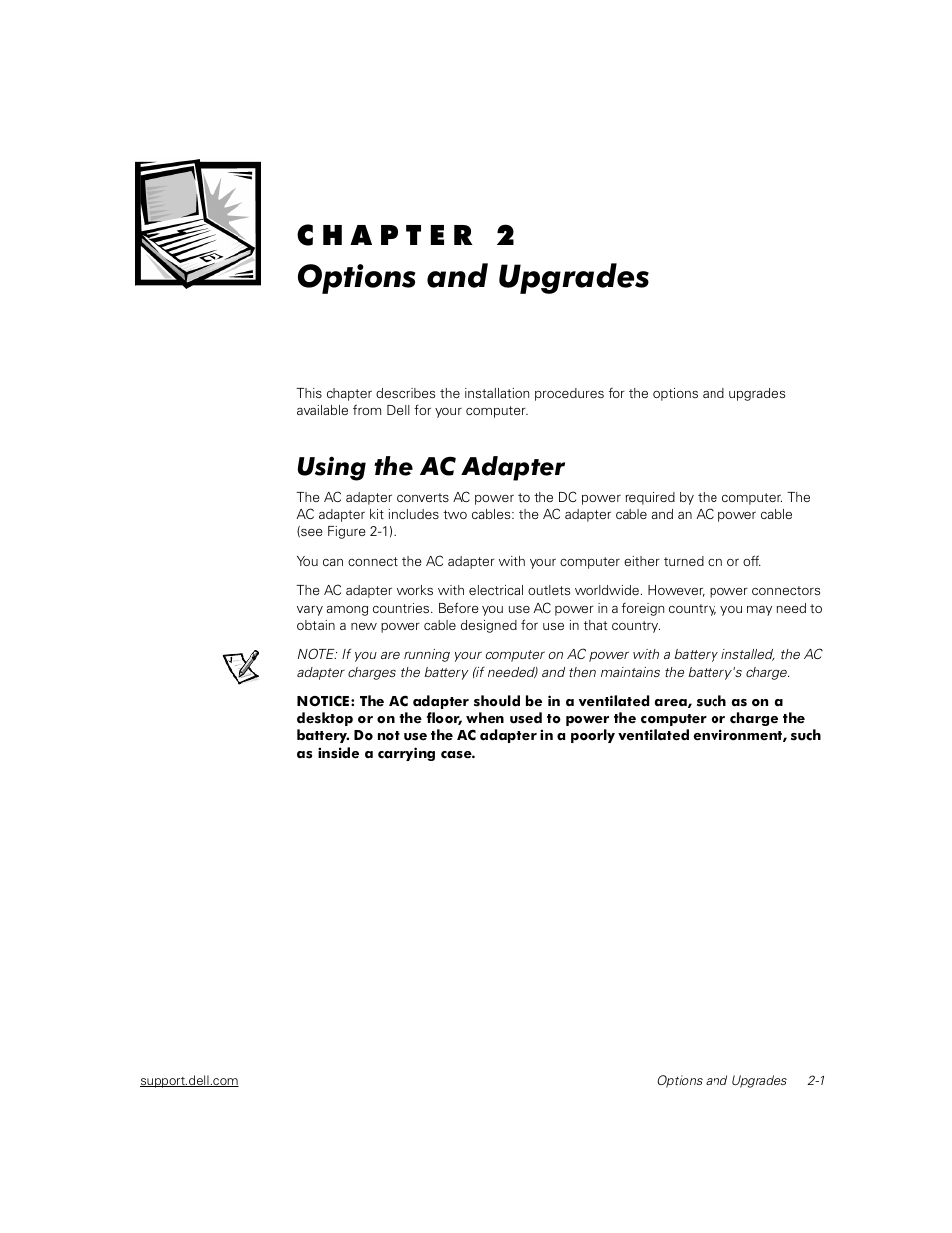 Options and upgrades, Using the ac adapter, Using the ac adapter -1 | Dell Inspiron 2000 User Manual | Page 27 / 132