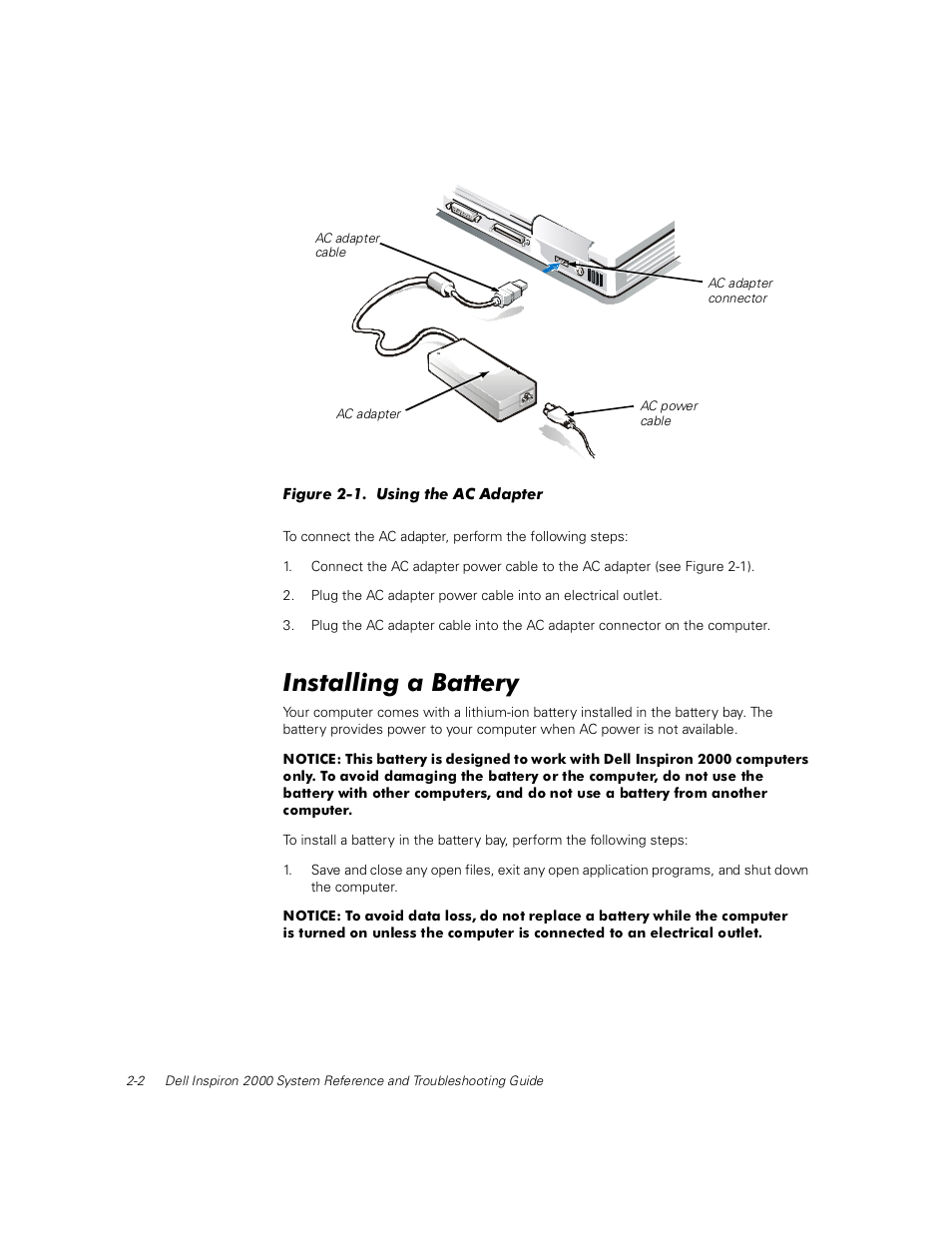 Installing a battery, Installing a battery -2, Figure 2-1 | Using the ac adapter -2 | Dell Inspiron 2000 User Manual | Page 28 / 132