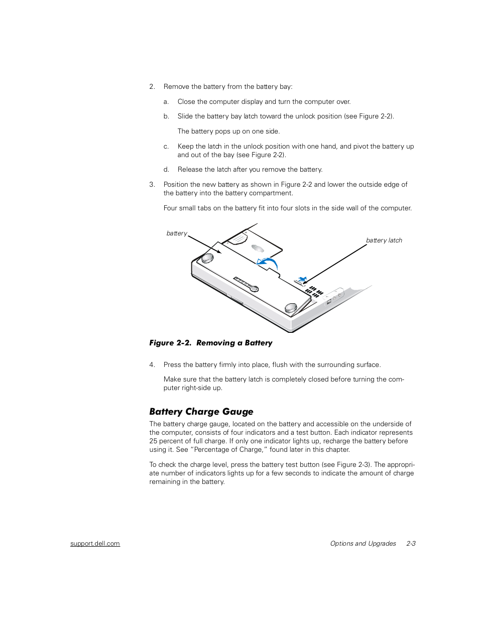 Battery charge gauge, Battery charge gauge -3, Figure 2-2 | Removing a battery -3 | Dell Inspiron 2000 User Manual | Page 29 / 132