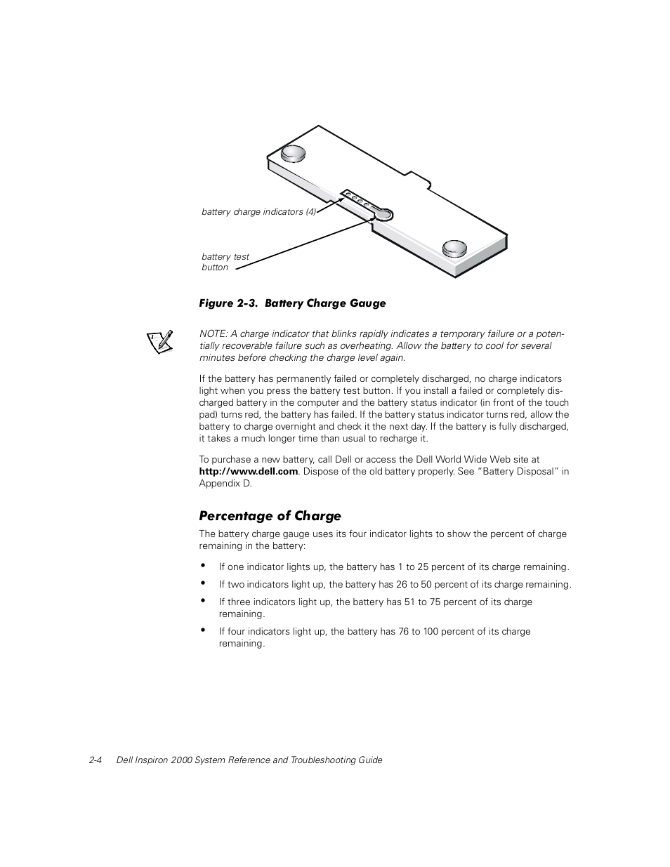 Percentage of charge, Percentage of charge -4, Figure 2-3 | Battery charge gauge -4 | Dell Inspiron 2000 User Manual | Page 30 / 132