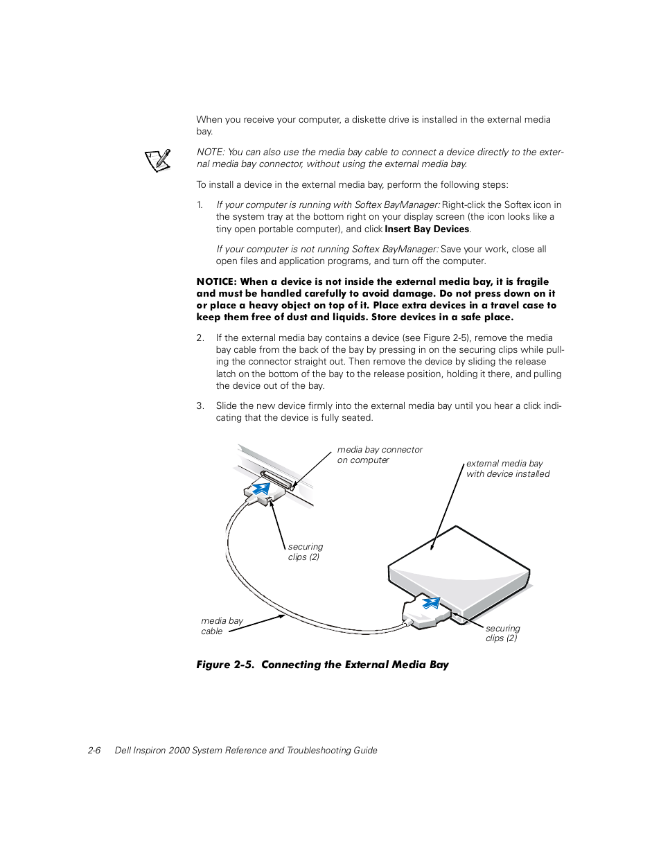 Figure 2-5, Connecting the external media bay -6 | Dell Inspiron 2000 User Manual | Page 32 / 132