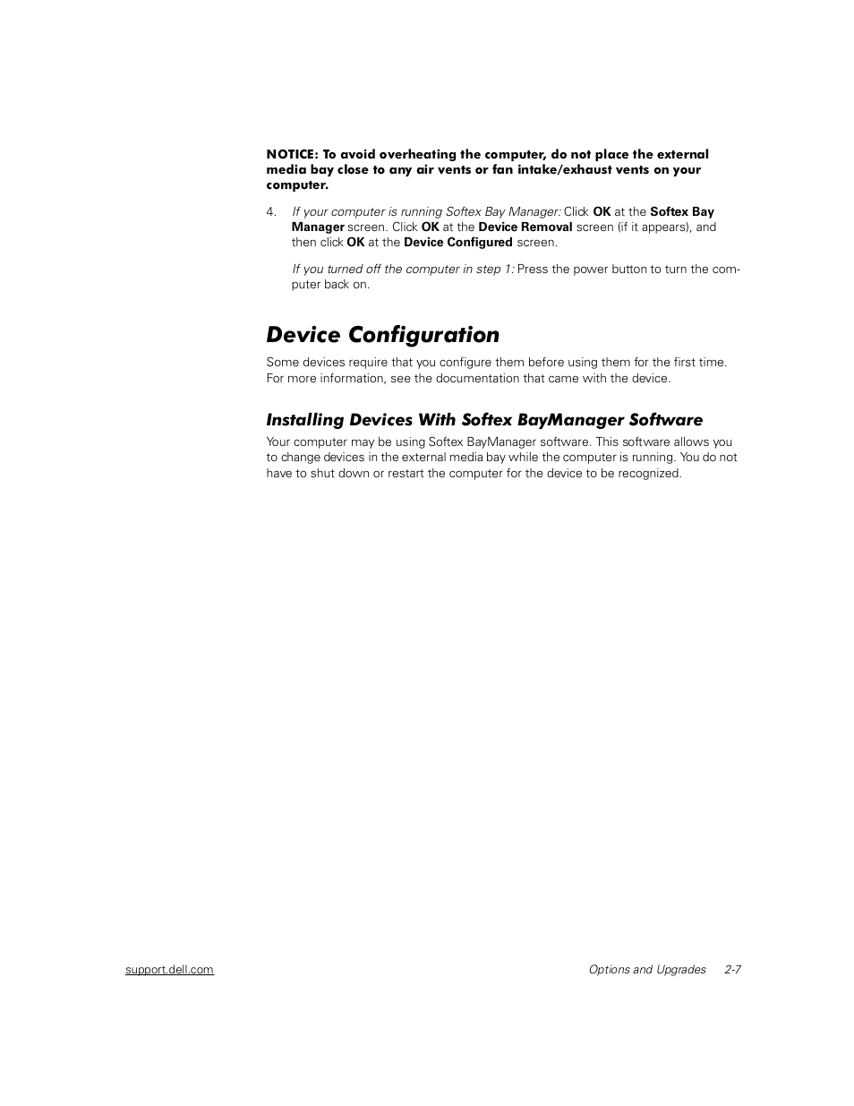 Device configuration, Installing devices with softex baymanager software, Device configuration -7 | Dell Inspiron 2000 User Manual | Page 33 / 132