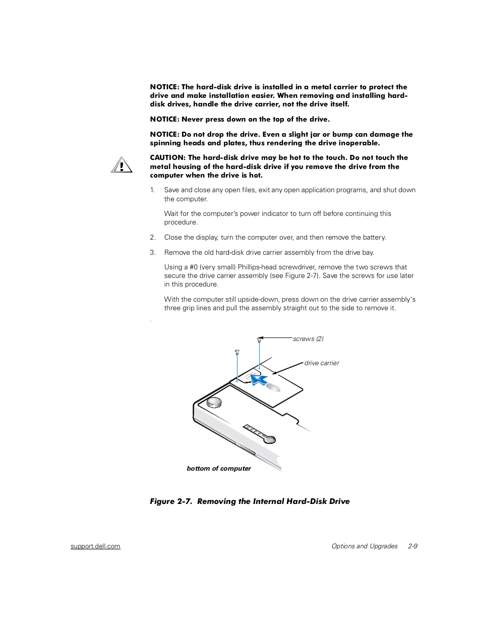 Figure 2-7, Removing the internal hard-disk drive -9 | Dell Inspiron 2000 User Manual | Page 35 / 132