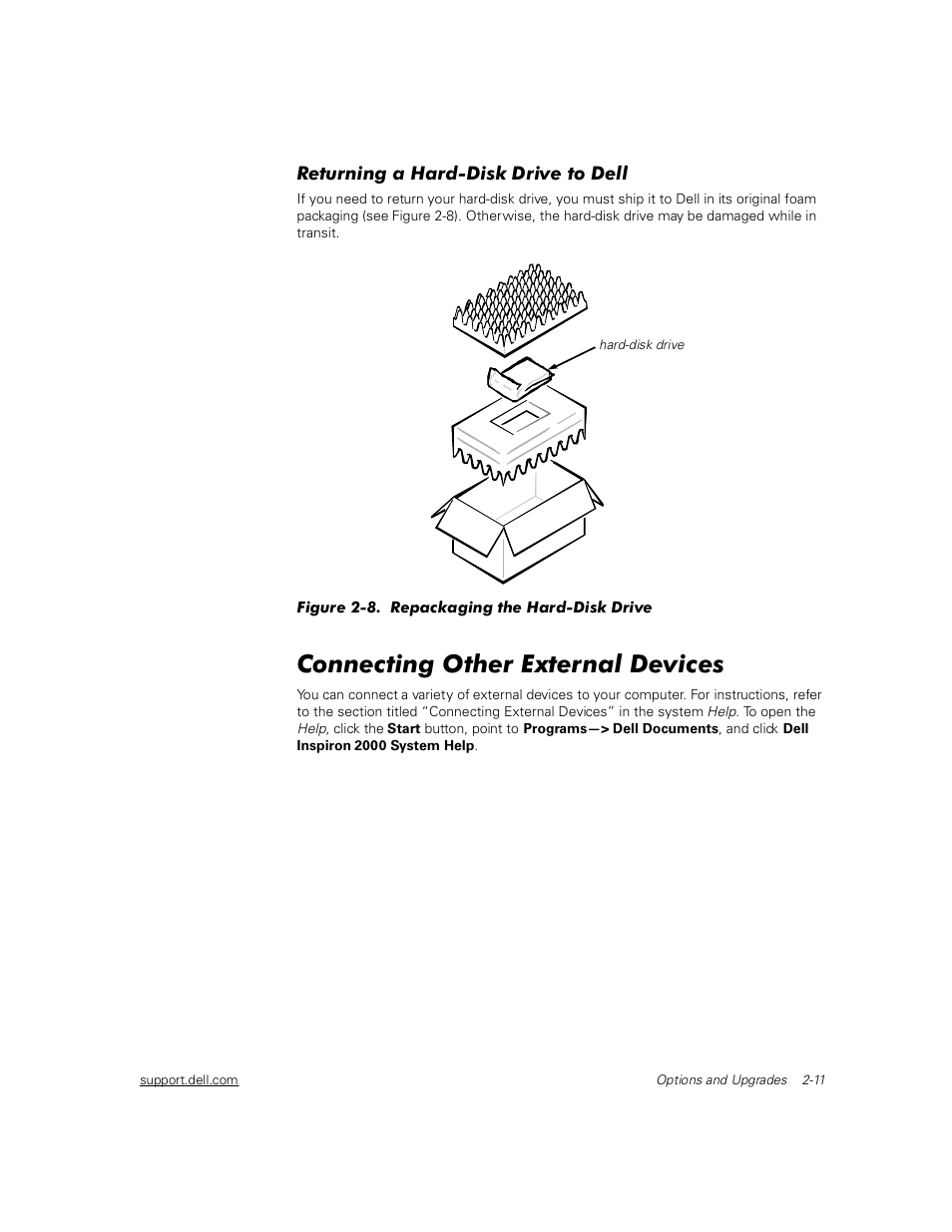 Returning a hard-disk drive to dell, Connecting other external devices, Returning a hard-disk drive to dell -11 | Connecting other external devices -11, Figure 2-8, Repackaging the hard-disk drive -11 | Dell Inspiron 2000 User Manual | Page 37 / 132